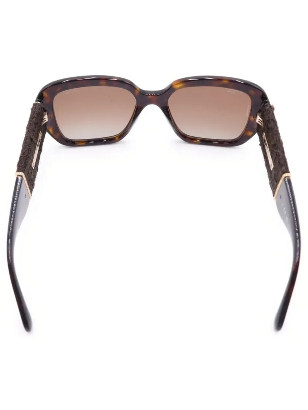 Chanel Square Frame Chain CC Logo Tweed Temple Sunglasses Brown Gold Eyewear